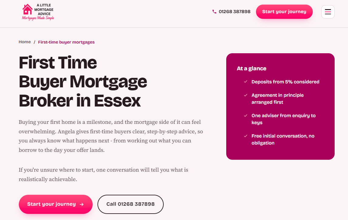 A Little Mortgage Advice first-time buyer page showing its adviser support and deposit information.