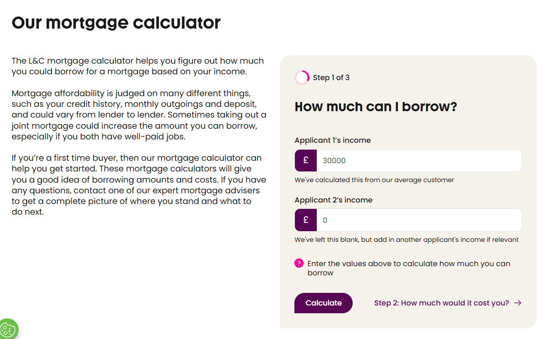 L&C mortgage borrowing calculator with income fields for two applicants.