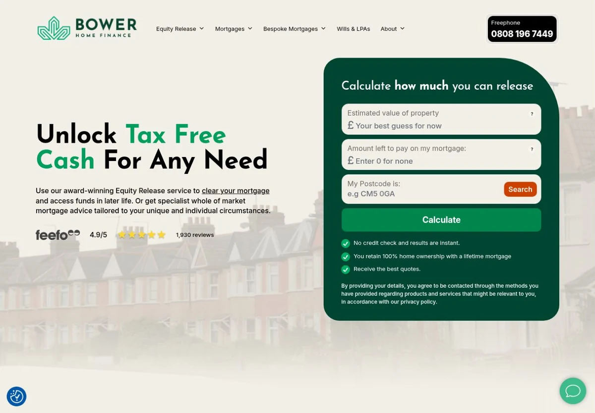 Bower Home Finance homepage with its equity release calculator.