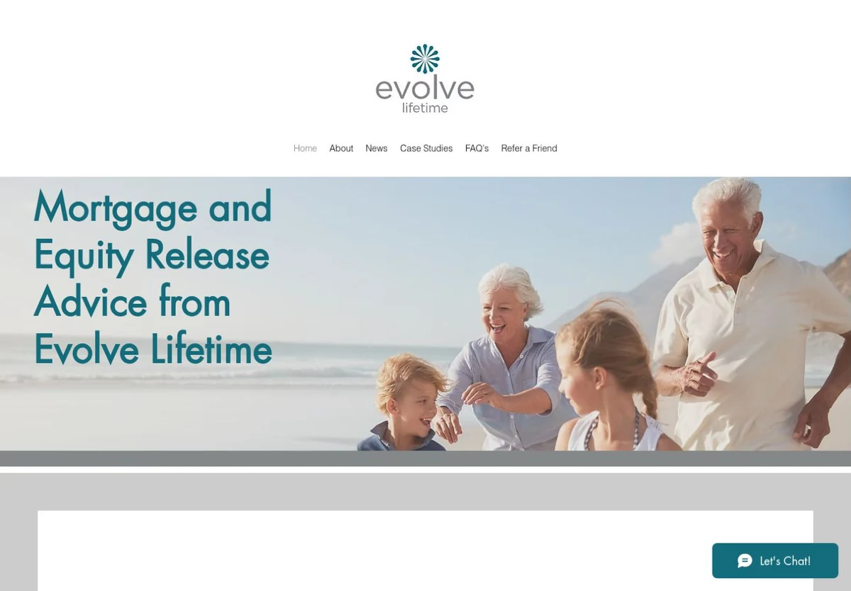 Evolve Lifetime homepage advertising mortgage and equity release advice.