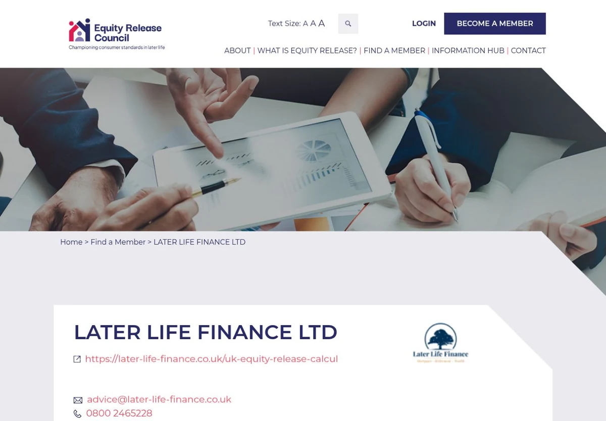 Later Life Finance listing on the Equity Release Council website.