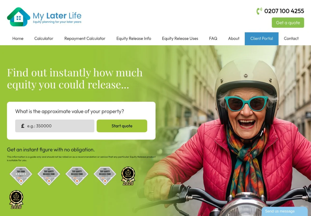 My Later Life homepage with its equity release calculator.