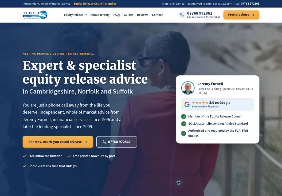 Trusted Equity Release homepage showing Jeremy Furnell and its regional equity release service.