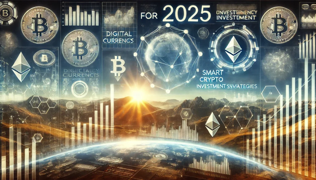 nvest Smart: Top Crypto Strategies for 2025." This image creatively represents a digital cryptocurrency investment dashboard for the year 2025, featuring futuristic graphic elements that convey advanced technology and strategic investing