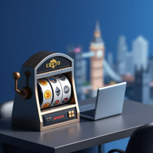 Sleek slot machine with Bitcoin, Ethereum, and USDT symbols in a modern casino setting, featuring a laptop displaying a crypto casino platform with a UK financial backdrop.