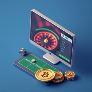 Professional image of an online casino interface on a laptop, featuring a subtle roulette wheel and Bitcoin symbol, representing no deposit Bitcoin casinos in the UK (2025).