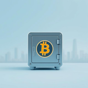 Professional image of a digital vault with a Bitcoin logo, symbolising secure crypto trading in the UK, with a muted London financial district in the background.