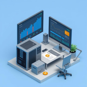 Professional Bitcoin mining rig and ASIC miner in a UK office, displaying a crypto mining dashboard and financial reports.