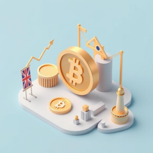 Minimalistic illustration featuring a prominent Trump Coin logo, subtle UK skyline, and understated financial charts for a crypto investment guide.