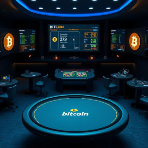 A modern Bitcoin casino in the UK featuring a sleek gaming table, digital crypto transactions, and a player using a Bitcoin wallet for secure gambling.