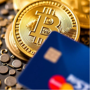 Close-up of a blue Mastercard credit card placed in front of shiny gold Bitcoin coins, representing cryptocurrency purchases with credit cards.