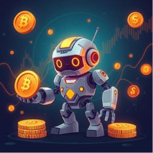 Futuristic AI crypto trading bot holding Bitcoin coins, symbolising automated cryptocurrency trading. Digital financial charts in the background highlight market trends and trading automation.