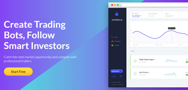 Coinrule trading bot platform interface with performance analytics. Automate crypto trades, follow smart investors and create custom trading strategies. Start free and catch market opportunities with AI-powered automation.