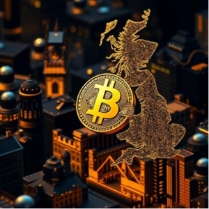 Golden Bitcoin symbol over a digital map of the UK with a futuristic cityscape background, representing cryptocurrency adoption and blockchain investment trends in the United Kingdom.