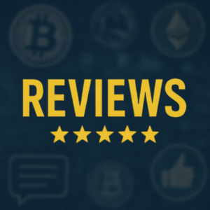 Bold yellow 'REVIEWS' text with five-star rating on a deep blue background featuring blurred cryptocurrency symbols like Bitcoin and Ethereum – representing top tech platform evaluations