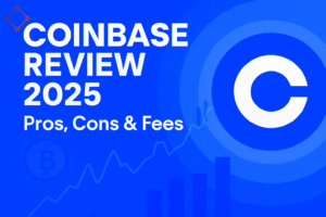 "Coinbase Review 2025 featured image with bold blue background, Coinbase logo, and chart graphics, highlighting pros, cons, and fees for crypto investors."