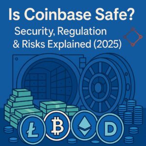 “Illustration of crypto vault and coins with title 'Is Coinbase Safe? Security, Regulation & Risks Explained (2025)’ featuring Bitcoin, Ethereum, Litecoin, and Dogecoin symbols created by B3i”