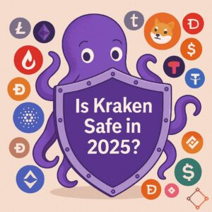 "Illustration of a friendly purple Kraken holding a shield with the text 'Is Kraken Safe in 2025?' surrounded by popular cryptocurrencies including Dogecoin,Ethereum, Tether, and Cardano – visual for a crypto safety blog post. Created by B3i.tech "