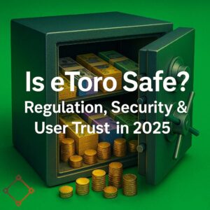 "3D illustration of a secure vault filled with money and coins, featuring the text 'Is eToro Safe? Regulation, Security & User Trust in 2025' on a green background"