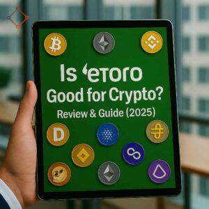 “A digital illustration of a trader holding a tablet displaying the title "Is eToro Good for Crypto? Review & Guide (2025)" with major cryptocurrency logos including Bitcoin, Ethereum, Binance Coin, Cardano, Dogecoin, and others, set against a blurred office background.”