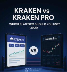 “Illustration comparing Kraken vs Kraken Pro in a boxing ring format, with both trading platforms displayed on tablets. Titled “Kraken vs Kraken Pro – Which Platform Should You Use? (2025)” with branding from B3i.tech”