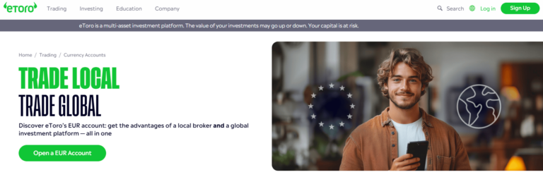 "eToro EUR account promotion banner featuring a young man holding a smartphone, with European Union and global trading icons in the background — promoting local and global investment access"