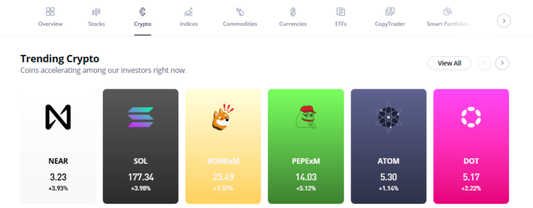 "Trending cryptocurrencies on eToro in 2025 including NEAR, SOL, BONKxM, PEPEXm, ATOM, and DOT with real-time prices and percentage gains displayed on the crypto dashboard"