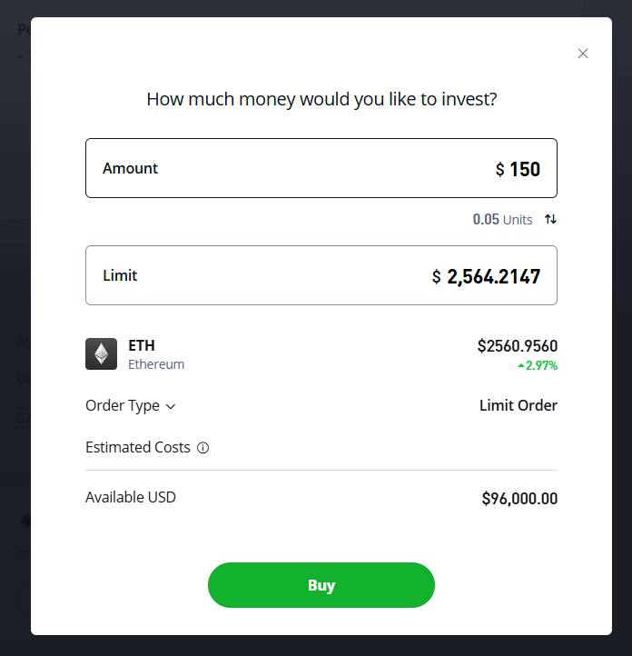 "eToro Ethereum limit order screen showing a $150 investment with ETH price at $2,560.96, user setting limit at $2,564.21"