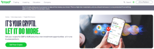 "eToro crypto selling interface featuring a smartphone displaying account balance and Bitcoin graphics, promoting GBP and EUR conversion for investment opportunities"