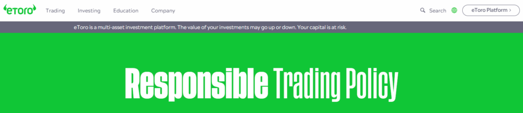 "eToro Responsible Trading Policy banner with green background and bold white text, highlighting commitment to ethical investing practices in 2025"