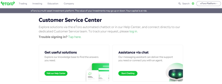 "eToro Customer Service Center page displaying support options including knowledge base access and live chat assistance with chatbot for 2025 users"