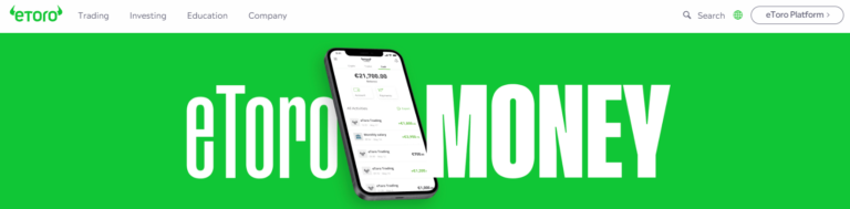 "eToro Money app interface displayed on a smartphone with bold green background, showcasing digital wallet balance and transaction history in 2025"