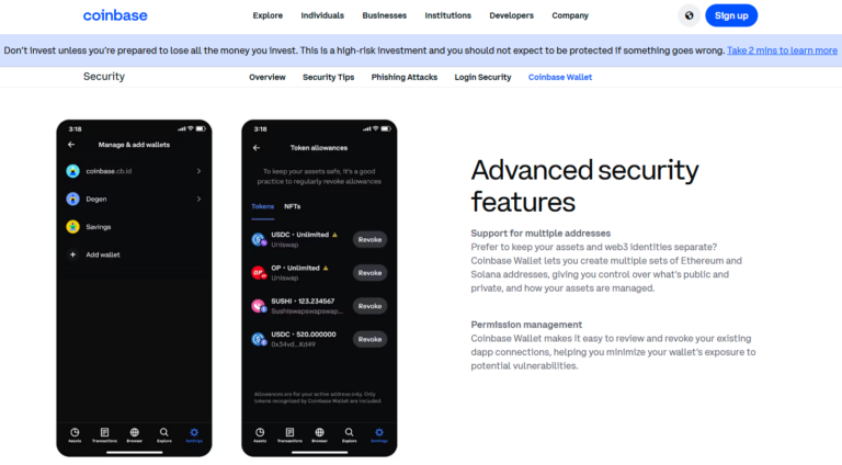 “Coinbase Wallet interface showcasing multiple wallet management and token allowance controls with advanced security features for Ethereum and Solana users.”