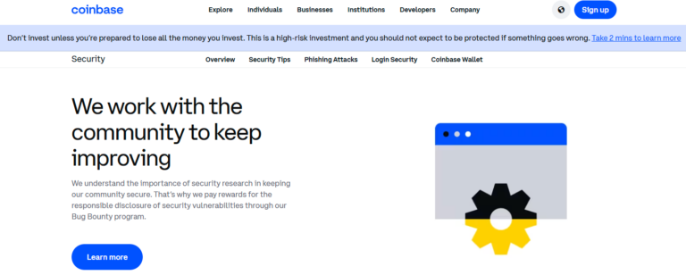 “Coinbase security page highlighting community-driven protection efforts and bug bounty program for responsible disclosure in 2025.”