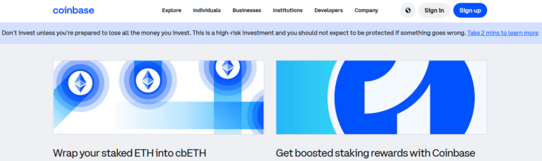 “Coinbase promotional banner highlighting ETH staking options, including cbETH wrapping and boosted staking rewards for Ethereum holders in 2025”