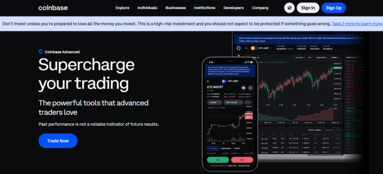 "Coinbase Advanced trading interface showcasing BTC-GBP charts, order book, and advanced tools on desktop and mobile screen – secure crypto trading platform for global investors (2025)"