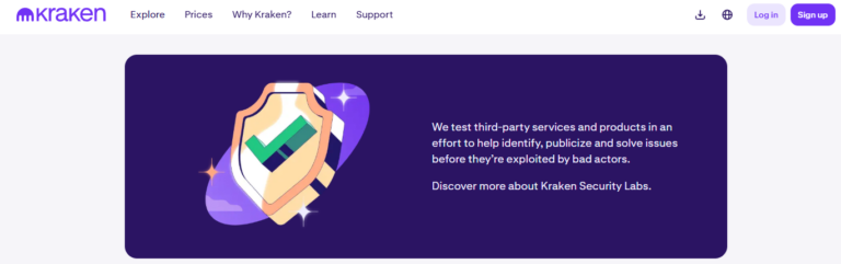 "Kraken Security Labs banner featuring a secure shield with check mark and text highlighting third-party product testing and protection against bad actors"