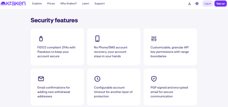 "Kraken security features overview including FIDO2 2FA, API key permissions, encrypted email, and configurable account protections for user safety in 2025"