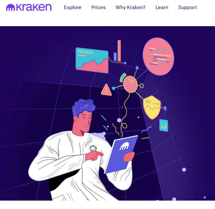“Illustration of a crypto trader analysing charts and blockchain data on a tablet, featured on Kraken’s official website, highlighting security, data insights, and user interface elements in a futuristic digital environment.”