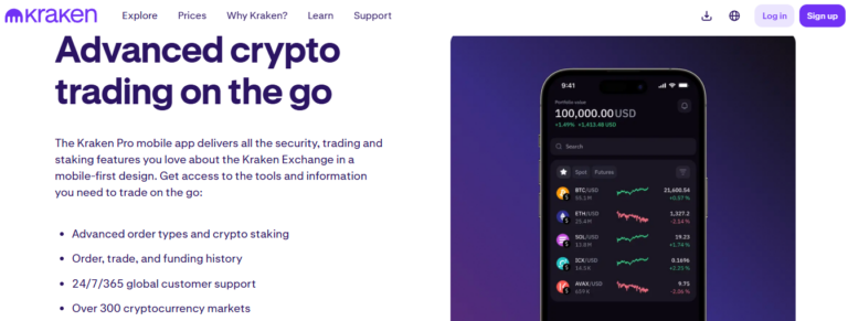 "Kraken Pro mobile app interface showcasing live crypto portfolio tracking and trading tools for BTC, ETH, SOL, and AVAX with advanced features for on-the-go users"