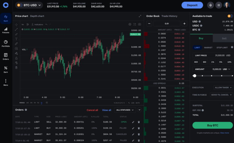 "Coinbase Advanced Trade interface showing BTC-USD price chart, live order book, and limit order settings – professional crypto trading dashboard for 2025"