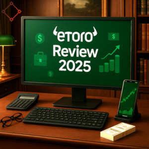 3D-rendered trading desk setup featuring a desktop monitor displaying 'eToro Review 2025', with financial icons, a smartphone showing a stock chart, calculator, and money stacks in a classic wood-paneled office background