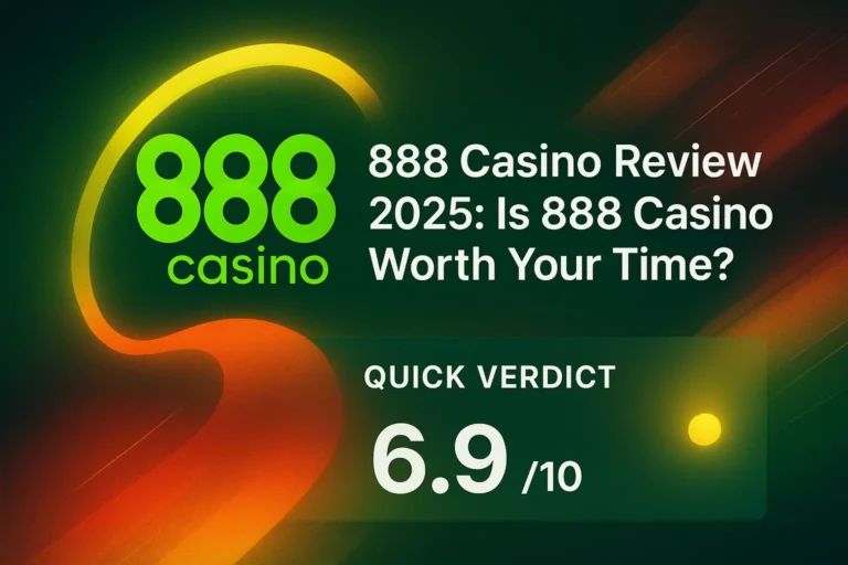Graphic displaying the 888 Casino review for 2025, rating it 6.9/10 and questioning its value for players.