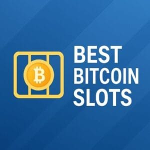 Minimalist blue background image with a gold Bitcoin coin in a slot reel and text “Best Bitcoin Slots.”