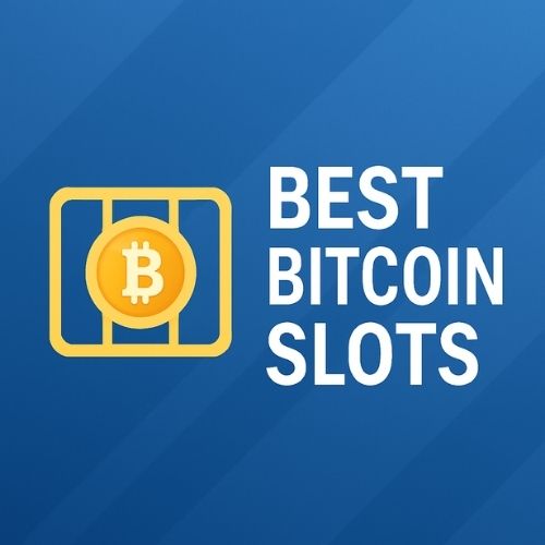 Minimalist blue background image with a gold Bitcoin coin in a slot reel and text “Best Bitcoin Slots.”
