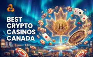 A vibrant graphic with casino elements like poker chips, cards, and roulette, featuring a Bitcoin symbol on a maple leaf. Text reads "Best Crypto Casinos Canada."