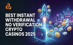 A futuristic digital image features a glowing rocket launching upward from a virtual wallet with cryptocurrency symbols. Cityscape with casinos in the background. Text reads, "Best Instant Withdrawal No Verification Crypto Casinos 2025."