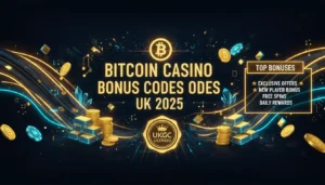 Digital graphic with text "Bitcoin Casino Bonus Codes UK 2025", gold coins, stacks of cash, and a "UKGC Licensed" badge. A box lists "Top Bonuses" and types of offers.