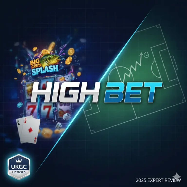 High Bet Casino 2025 review graphic displaying the official logo, UKGC license badge, and casino gaming elements.