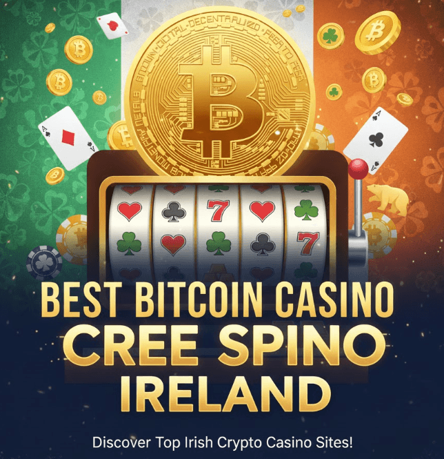 Irish flag background with a gold Bitcoin coin centered over a slot machine and text reading "Best Bitcoin Casino Ireland.
